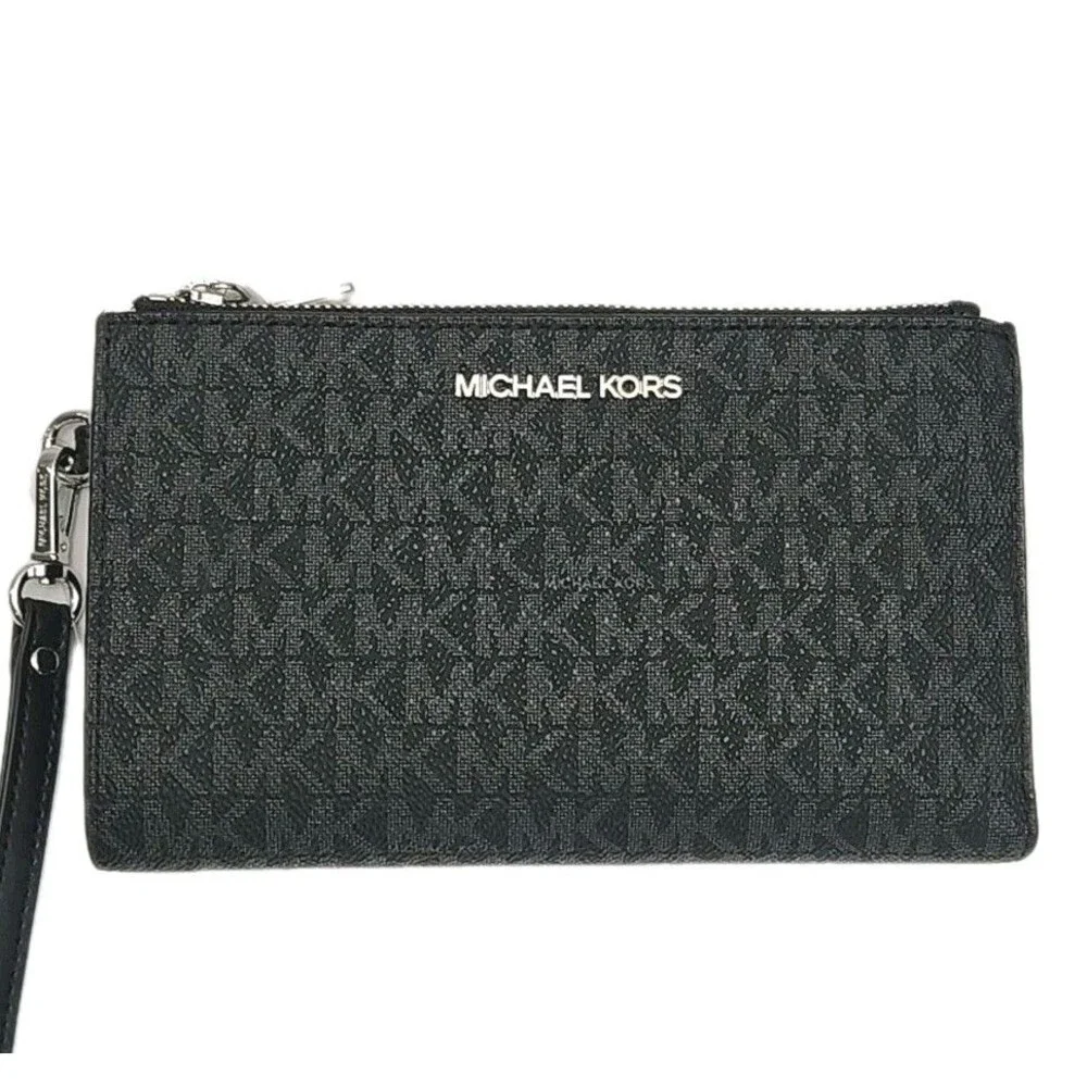 Michael Kors Wristlet Wallet Phone Black Gray Jet Set Double Zip 7.25x4.25